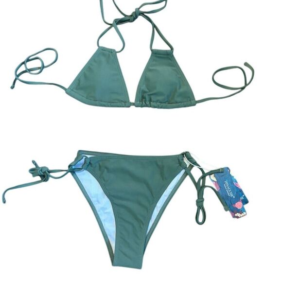 Hisaguhe Women's Dark Green Tie-Side Triangle Bikini Set Size S - Picture 2 of 12